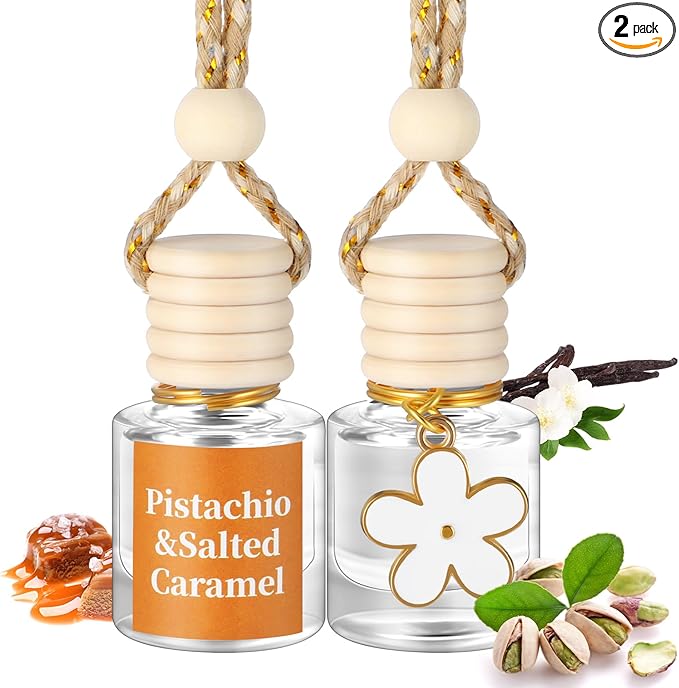 2 Sets Hanging Car Air Freshener and Essential Oil Diffuser, Car Air Freshener Daisy Essential Oil Diffuser Long Lasting Automobile Aromatherapy (White,Pistachio & Salted Caramel)