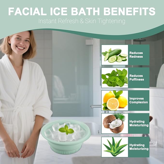 Face Bowl for Ice with Built-in Ice Tray – Collapsible Silicone Facial Ice Bath Bowl for Cold Plunge Therapy, Acne Relief & Skin Tightening – Green Home, Camping & Travel Portable Spa Tool