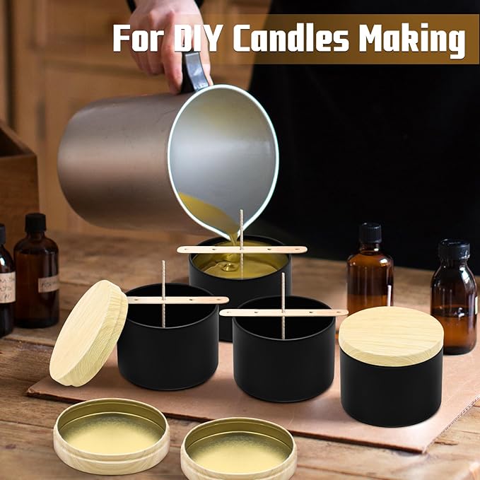 24-Pack Candle Jars, 12pcs 8oz + 12pcs 4oz Candle Tins with Metal Wood-Grain Printing Lids, Empty Candle Jars for Making Candles Bulk Candle Containers - Black