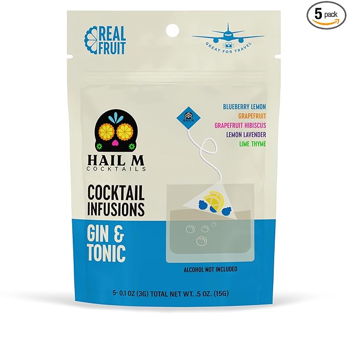 Hail M Gin & Tonic Cocktail Infusion Kit– DIY Botanical Mixer with Blueberry, Hibiscus, Citrus & Lavender – No Sugar or Preservatives – Craft Gin Cocktail Kit – 5 Cocktail Teabags