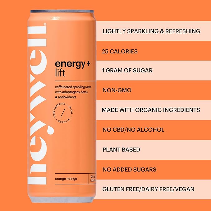 Heywell Sparkling Adaptogenic Water, Energy and Uplift, Orange Mango Flavor 12 Fluid Ounce (Pack of 12) - Non Caffeinated, Organic, Non GMO, Vegan, Gluten Free, Dairy Free