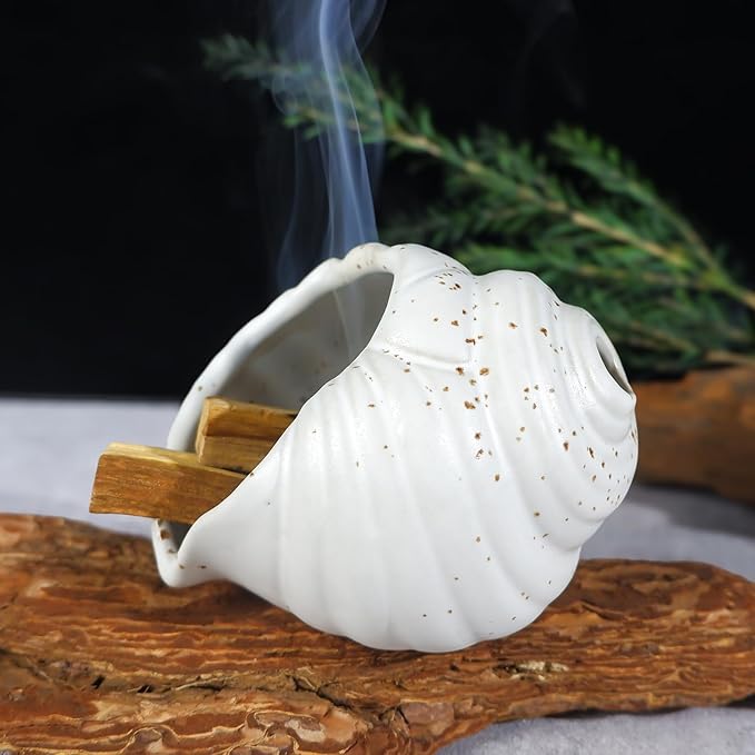 Ceramic Conch Palo Santo Burner Holder - Mini Chiminea Incense Chimney, for Smudging Sage/Cones、Perfect for Meditation Altar & Witchcraft Supplies, Ideal Spiritual Decor & Gift for Zen Spaces