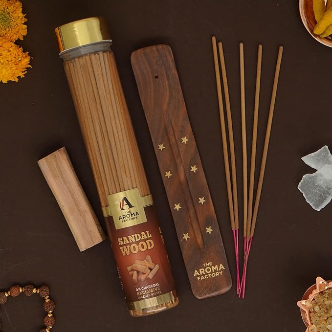 The Aroma Factory Chandan Sandalwood Agarbatti for Pooja, Luxury Incense Sticks, Premium and Fresh Fragrance for Home, Meditation (Bottle Pack of 1, 100 Gram) 4 Cm X 4 Cm X 26 Cm Multicolour