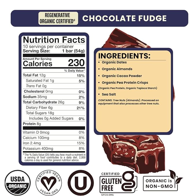 Bearded Brothers, Organic Vegan Protein Energy Bars, Chocolate Fudge (10 Pack) - Gluten Free, Paleo, Fiber, Whole 30, Non GMO Low Glycemic Snacks