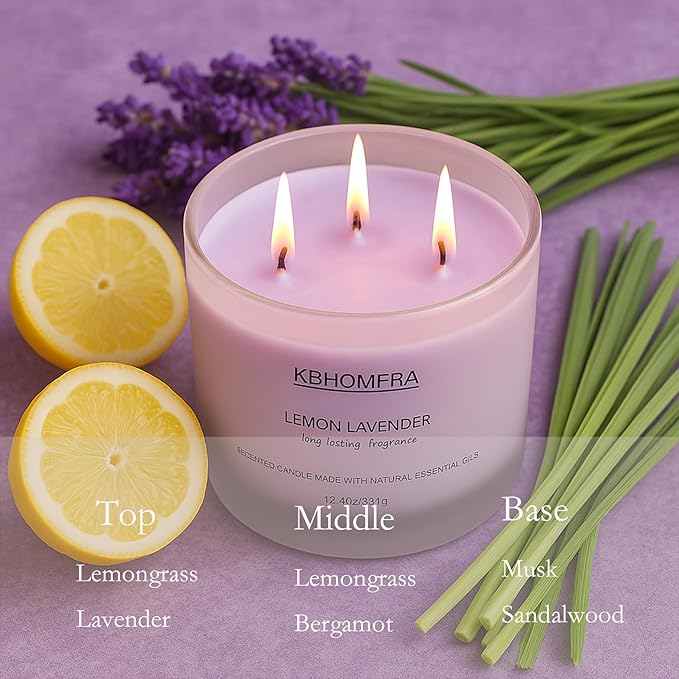Scented Candle for Home, Lemon Lavender Essential Oils Fragrant, Soy Wax 12.4oz Large Capacity,3-Wick 70 Hours Burn,for Festival Luxury Gift,Sleep Relaxation Ambience