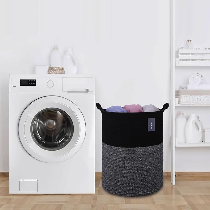 COMSE Extra Large Blanket Basket, Tall Woven Storage Basket, Nursery Hamper, 15.7”x 21.7”, Cotton Rope Laundry Hamper for Toys Clothes Towels, Black