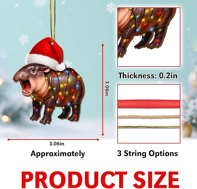 2 Side Printed Flat Christmas Wooden Ornaments, Animal Keepsake Hanging Tree Decoration, Moo Hippo Ornament