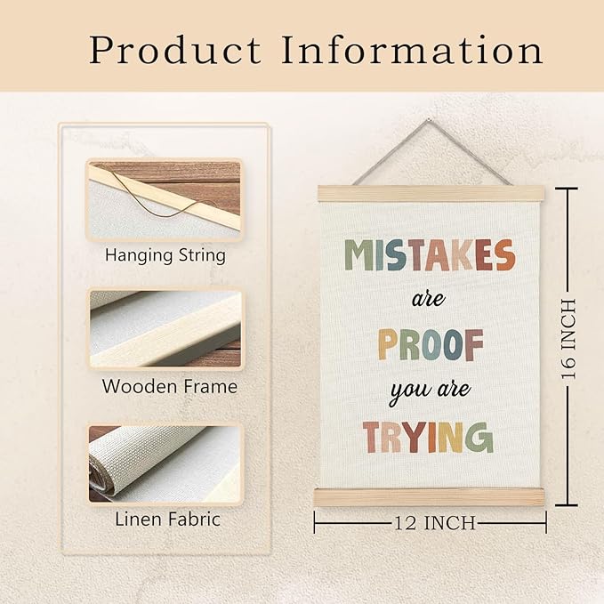 Exqcom Boho Classroom Inspirational Wall Art Poster, Mistakes Are Proof That You Are Trying Mental Health Growth Mindset Posters for Classroom Therapy Counselor Office, 12x16 Inches