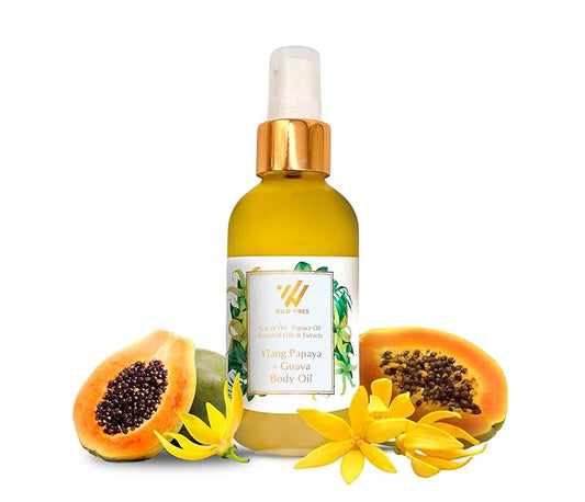 Wild Vibes Ylang Papaya + Guava Luxury Body Oil – Organic Body Oil for Radiant, Hydrated Skin – Collagen-Boosting, Anti-Aging After Shower for Women – 4 oz