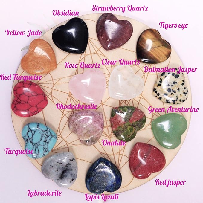 15PCS Natural Heart Healing Crystals Love Stones Rose Quartz Clear Quartz Tiger Eye Heart Set Bulk Polished Pocket Palm Thumb Gemstones Meditation Chakra Reiki Energy Balancing 0.8 inch