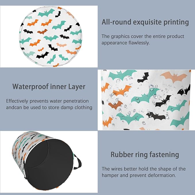 Colorful Bats Laundry Basket,Halloween Foldable with Handles Tote Bag Oxford Cloth for Bathroom Bedroom Dirty Clothes Storage Bucket 16" x 20.8"