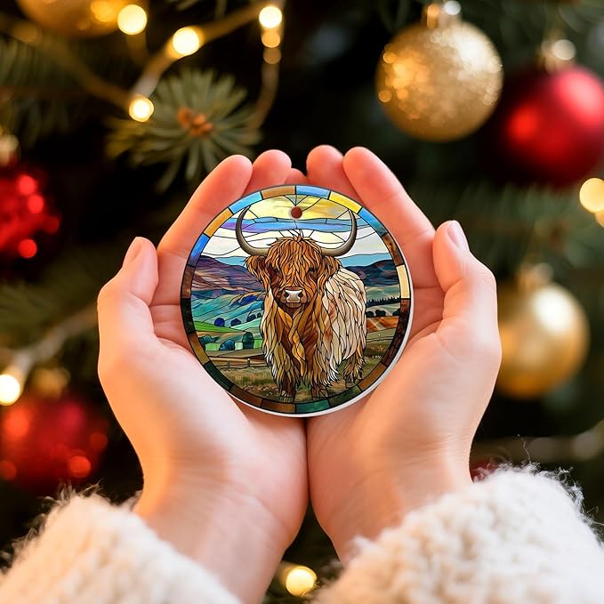 Highland Cow Christmas Ornaments 2025 - Farmhouse Ceramic Tree Decoration, 2-Sided UV Print, for Men Women, Rustic Xmas Decor