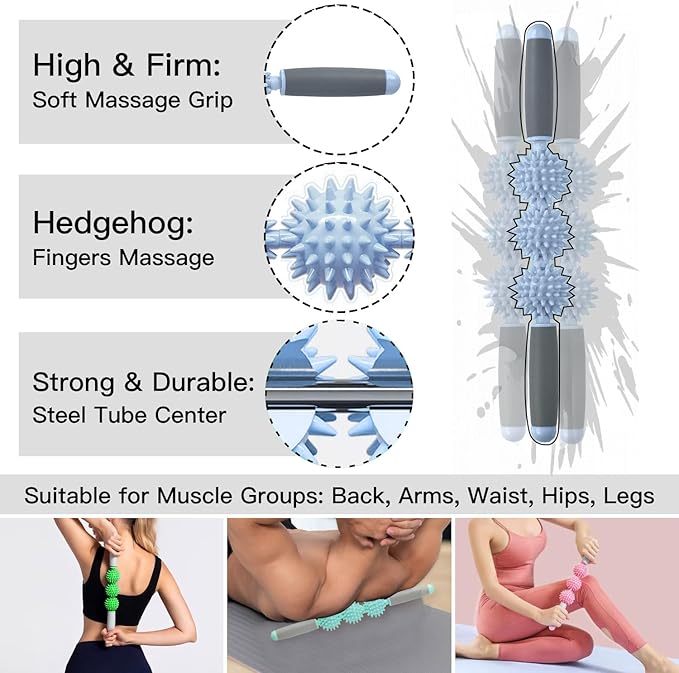 Fascia Muscle Roller, Cellulite Massager Fascia Roller for Cellulite and Sore Muscles, Neck, Leg, Back, Pressure Trigger Point Body Roller Deep Tissue Massage Stick Tools - 3 Massage Balls | Blue