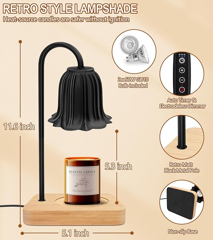 Candle Warmer Lamp, Dimmable Candle Warmer with 2 Bulbs, Birthday Gifts for Women Mom, Dad and Fathers, House Warming Gifts New Home Room Decor, 2H/4H/8H Timer Black Flower Candle Lamp Heater