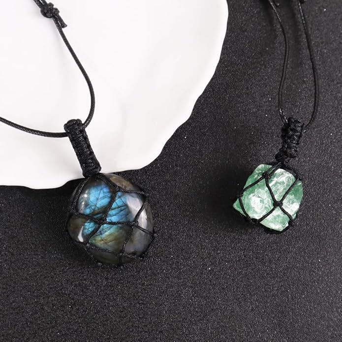 Handmade Natural Gemstone Crystal Pendant Necklace Stone Holder Necklace Cord Net Necklace with Adjustable Length for Women Men