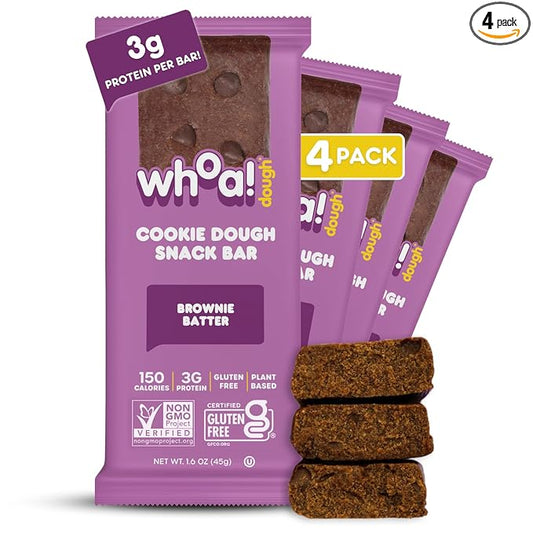 Whoa Dough Edible Cookie Dough Bars- Certified Non-GMO, Kosher and Gluten Free Bars - Healthy Snack Foods - Plant Based Snacks Made With Real Ingredients - Brownie Batter Cookie Dough - 4 Pack