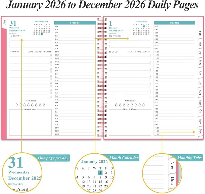 2026 Daily & Monthly Planner - One Page Per Day, Daily Planner from January 2026 - December 2026, Planner 2026 with 12 Monthly Tabs, 8.5" x 11", Pink