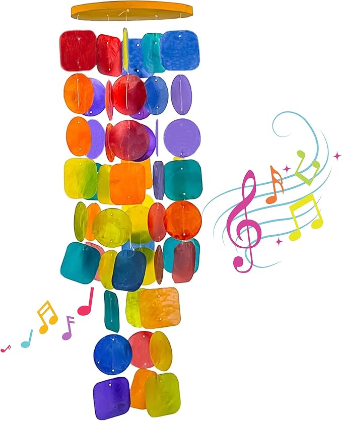 Bellaa 22890 Wind Chimes Outside, Garden Decorations, Musical, Chime, Outdoor Windchimes, Rainbow, Beach, Ocean, Breeze, Gifts for Mom, Gift for All Occasions, Capiz Sea Glass Shells Wood
