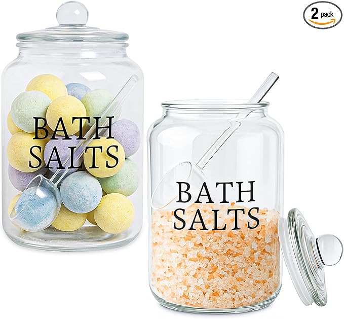 2 Pack 101 oz Bath Salt Container, Bath Salts Glass Jar with Bath Salt Scoop, Large Glass Jar with Lid, Laundry Detergent Jar W. Measuring Cup