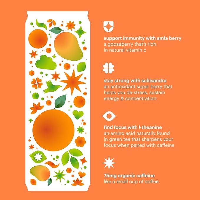 Heywell Sparkling Adaptogenic Water, Energy and Uplift, Orange Mango Flavor 12 Fluid Ounce (Pack of 12) - Non Caffeinated, Organic, Non GMO, Vegan, Gluten Free, Dairy Free