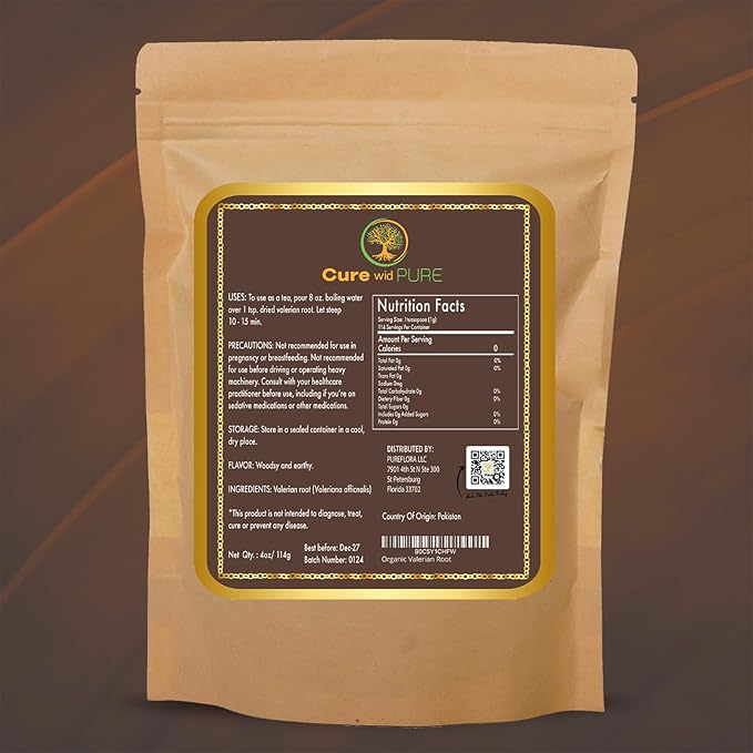 Cure wid Pure Organic Valerian Root Tea - Cut,Sifted & Non-Irradiated Valerian Tea Promotes Natural Relaxing Sleep - Te De Valeriana officinalis in Resealable Eco Friendly Pouch 4oz