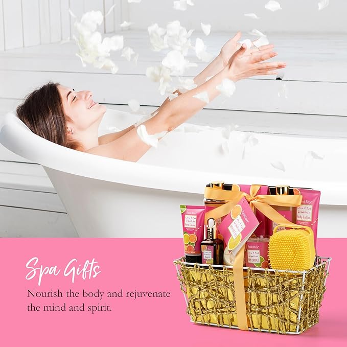 Bath & Body Gift Set, Luxury Christmas Gifts for Women Citrus Pink Grapefruit Spa Kit Gift Woman, 11 Pcs Self Care Kit Gifts With Bubble Bath, Massage Oil, Bath Brush, Birthday Gifts for Women