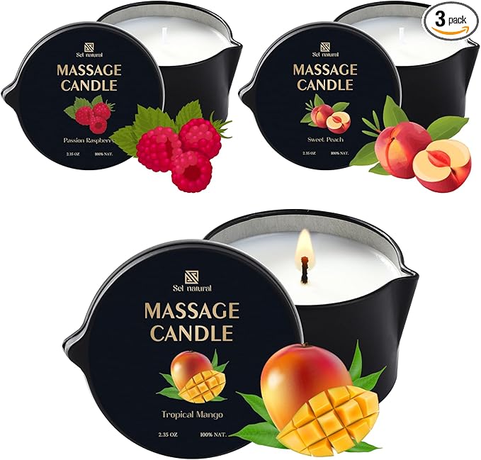 3 Pack Soy Massage Oil Candles 2.35oz Low Temp Massage Candles 3 Scent Spa Therapy Body Oil Home Gift for Relaxation, Couples, or Self-Care (Sweet Peach, Passion Raspberry, Tropical Mango)