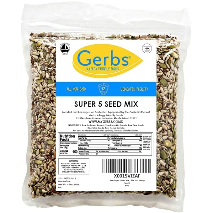 GERBS Super 5 Seed Snack Mix 4 LBS. Premium Grade | Top 14 Food Allergy Free | Resealable Bulk Bag | Made in USA | Raw Pumpkin Sunflower Chia Hemp Flax Seed Trail Mix | Gluten Peanut Tree Nut Free