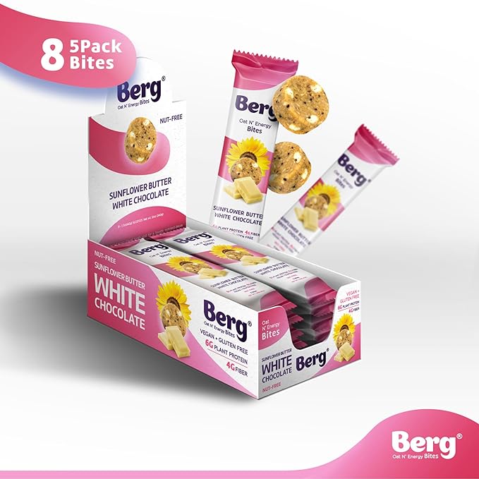 Berg Energy Bites Sunflower Butter & White Chocolate – Plant‑Based Protein Snack with 16 g Protein & 1 g Sugar – Vegan, Gluten‑Free, Low Sugar, High Fiber, Non‑GMO Prebiotic Bites – 1.5 oz (8 Pack)
