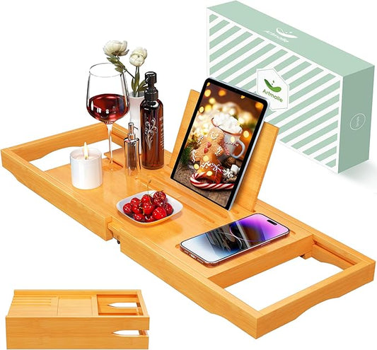 Artmalle Bathtub Caddy Tray for Tub, Expandable Bamboo Bath Table Tray with Book Stand for Home Spa Relaxing, Foldable Minimalist Bathroom Accessories for Women Men (Simple, Natural) (Natural)