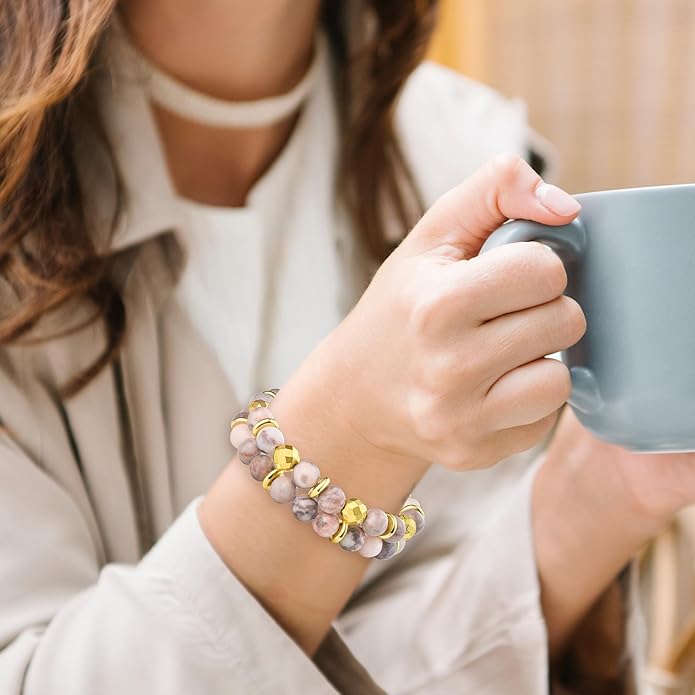 Bivei Natural Gemstone Semi Precious Healing Crystals Handmade Stretchy Round Beads Bracelet, Enhance Positive Energy