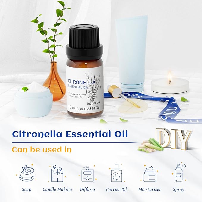 HIQILI 0.33 Fl Oz Citronella Oil for Homemade Sprays, Add to Diffuser, 100% Pure and Natural Undiluted, Portable - 10ml
