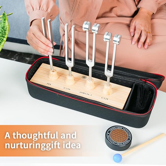 Tuning Forks for Healing Set – Includes 128Hz, 136Hz, 256Hz, 384Hz, & Activator, Bamboo Base, Rubber Hammer, Portable in Black Luggage – Sound Healing Instruments for Chakra, Yoga, and Meditation