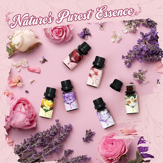 Floral Essential Oil Set, Premium Essential Oils for Diffusers for Home, Includes Lilac, Freesia, Jasmine, Cherry Blossom, Rose and Lavender Candle Scents for Candle Making, DIY Soaps,Cleaning