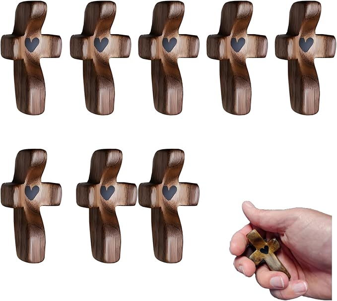 Atlodas Cross My Heart, Encouragement Gift, Relieve Anxiety Comfort for Clutching, Clinging and Praying, Wooden Cross Fidget, Pocket Olive Wood Crosses Religious Gift for Children and Adults (8 Pcs)