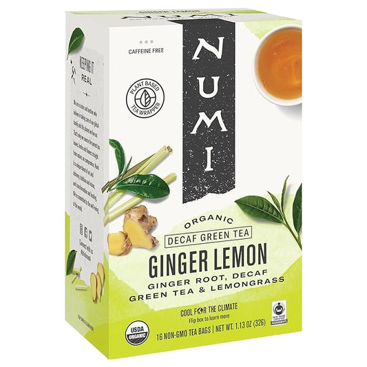 Numi Organic Ginger Lemon Decaf Tea, 16 Green Tea Bags, Micro-Plastic Free