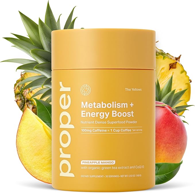 Proper, The Yellows Metabolism and Energy Boost, Sugar Free Energy Drink Powder with 100mg Caffeine. 30 Servings, Pineapple Mango Drink Mix for Men and Women