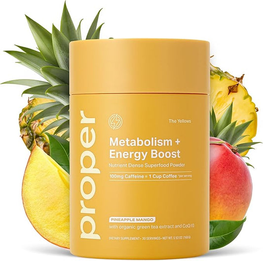 Proper, The Yellows Metabolism and Energy Boost, Sugar Free Energy Drink Powder with 100mg Caffeine. 30 Servings, Pineapple Mango Drink Mix for Men and Women