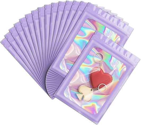 ANZNKU 100 Pcs Smell Proof Mylar Resealable Bags, Holographic Packaging Bags, Resealable Odor Foil Pouch Zip Bag with Clear Window for Food Storage and Lipgloss, Jewelry Lash (Purple, 5.5 x 7.9 Inch)