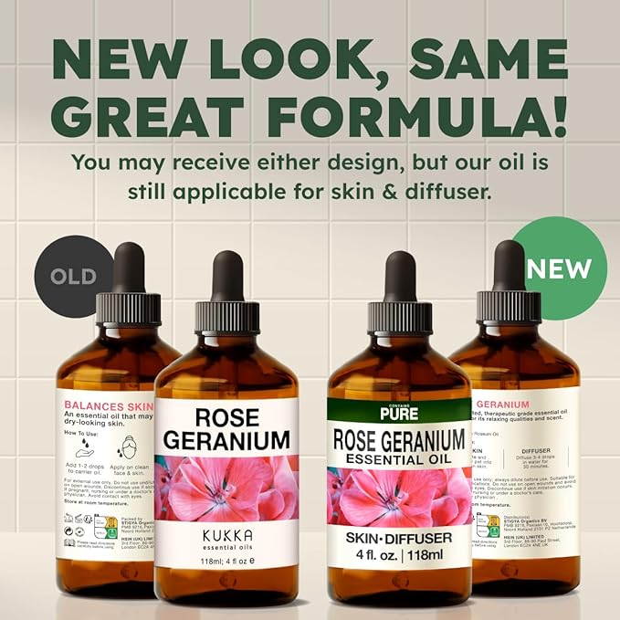 KUKKA Rose Geranium Essential Oils - 4 Fl Oz - for Hair, Skin, Diffuser, Aromatherapy & DIY Soap Making Scent