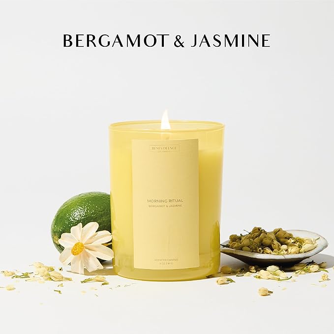 Bergamot & Jasmine Scented Candle | Benevolence LA Sun-Kissed Collection | 11oz, 60 Hour Burn | Natural Soy Wax, Cotton Wick | Fall Scented Candles for Home, Elegant Gift - Morning Ritual