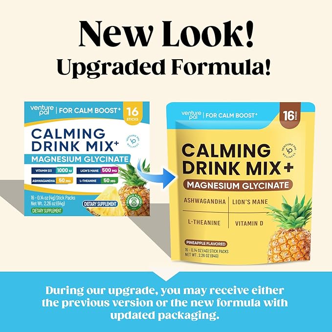 Venture Pal Calming Powdered Drink Mix, Magnesium Glycinate, Ashwagandha, L-Theanine,Vitamin D, Lions Mane, Sugar Free Magnesium Supplement Blend for Relax & Focus, Non GMO, Vegan, On The Go
