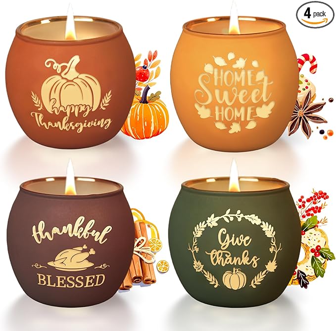 Lanpn Fall Thanksgiving Scented Candles Gift Set, 4 Pack 16oz Fall Aromatherapy Candle, Glass Jar Candles for Woman Man, Autumn Pumpkin Fragrance Table Farmhouse Decoration Tabletop Centerpiece