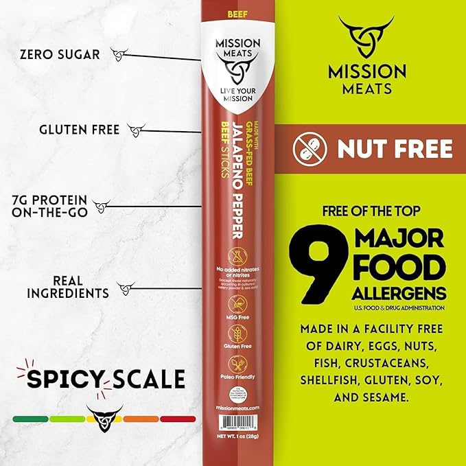 Mission Meats Beef Sticks – 100% Grass Fed & Pasture Raised, Sugar Free, Individually Wrapped Healthy Snacks, Whole 30 & Paleo Friendly, Jalapeno 1oz (Pack of 24)