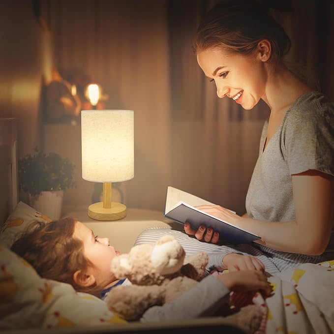 6.3in Bedside Table Lamp for Bedroom, Minimalist Nightstand Lamp with Round Fabric Linen Shade,Study Reading Desk Lamp for Kids Room, Night Table Lamp for Living Room, College Dorm, Home, Office