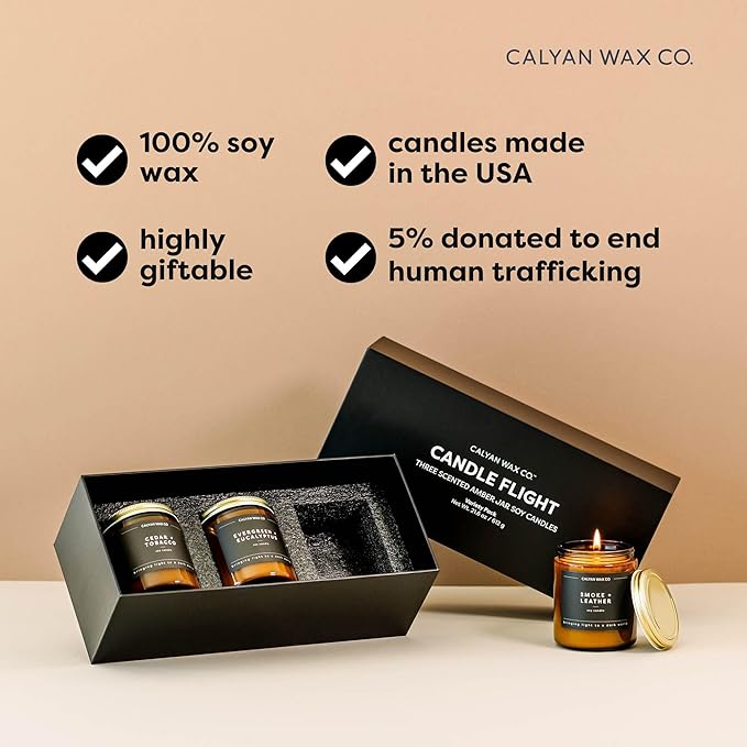 Calyan Wax Co. Scented Candle Gift Set, Candle Flight, Set of 3 Scented Candles, Non Toxic & Vegan Soy Wax, Amber Glass Jar Candles for Men, 57 Hour Burn Time, 7oz Each