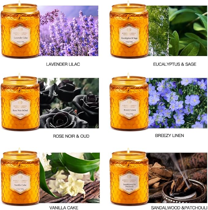 6 Pack Natural Soy Wax Jar Candles for Home Scented, 33 oz 240 Hour Long Lasting Aromatherapy Fall Candles Gifts for Women Birthday | Thanksgiving Day Christmas | Amber Candles|