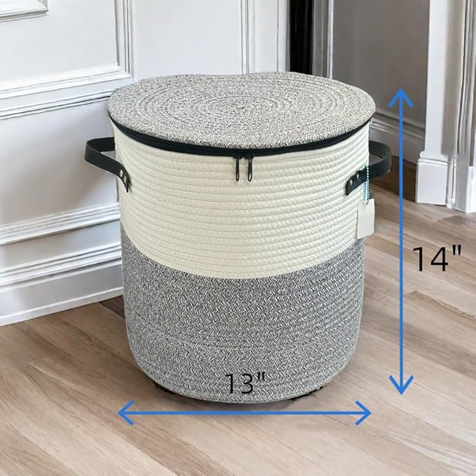 Cotton rope Storage Basket with Zipper cover & Woven baskets with Lid for Books, Blankets, hats, jackets，Multi-Purpose Storage Basket for Living Room,Christmas gifts. 14x13inches(Grey+White)