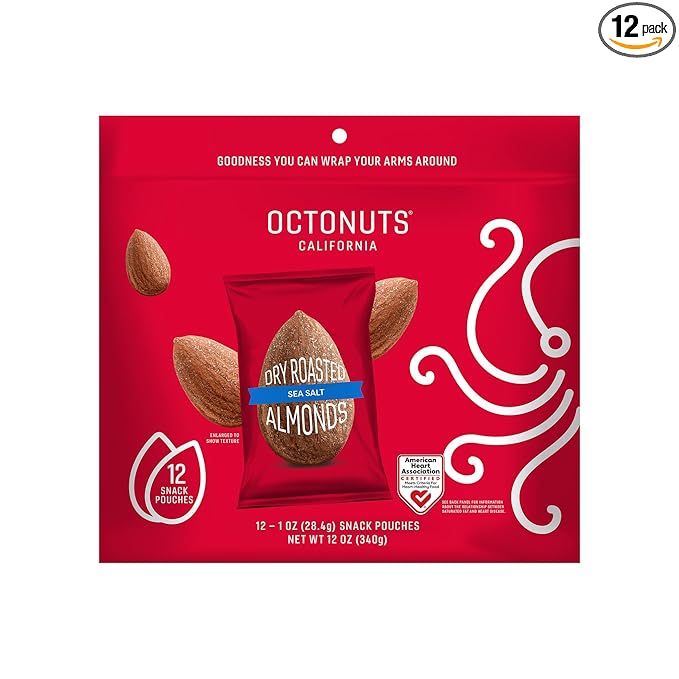 Octonuts Sea Salt Almonds – 12 Individually Wrapped Snack Packs (1oz Each), Healthy Snacks for Adults and Kids, Non-GMO, Keto and Gluten-Free, Roasted in Cold Pressed Olive Oil