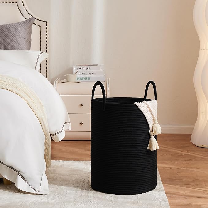 Cotton Rope Laundry Hamper by YOUDENOVA, 72L - Woven Collapsible Laundry Basket - Clothes Storage Basket for Blankets, Laundry Room Organizing, Bedroom Storage, Clothes Hamper – Black
